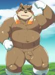 anthro balls belly blush brown_body brown_fur clothing eyes_closed eyewear foreskin fur genitals glasses gloves handwear male nipples overweight overweight_anthro overweight_male penis solo towel towel_around_neck ayame42612 lifewonders tokyo_afterschool_summoners volos_(tas) bear mammal hi_res