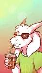 anthro bendy_straw beverage clothing drinking_straw eyewear food fruit horn ice lemon long_ears male peace_symbol plant shirt simple_background solo sunglasses t-shirt topwear freckledbastard undertale undertale_(series) asriel_dreemurr boss_monster_(undertale) bovid caprine goat mammal watermark