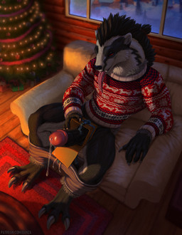 bedroom_eyes bodily_fluids clothing dick_in_a_box genital_fluids genitals holidays inside log_cabin male narrowed_eyes night penis precum reclining saliva seductive sitting solo sweater tongue topwear conditional_dnp danza christmas nintendo patreon pokemon rel_(relightcharge) generation_8_pokemon obstagoon pokemon_(species) 2025 hi_res