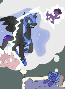 attack bed black_body black_feathers dream electricity feathered_wings feathers female feral fur furniture group hair horn lightning magic mean multicolored_hair purple_body purple_fur purple_hair simple_background toony two_tone_hair wings unknown_artist friendship_is_magic hasbro my_little_pony mythology nightmare_moon_(mlp) pinkie_pie_(mlp) princess_luna_(mlp) twilight_sparkle_(mlp) earth_pony equid equine horse mammal mythological_creature mythological_equine pony unicorn winged_unicorn 2011
