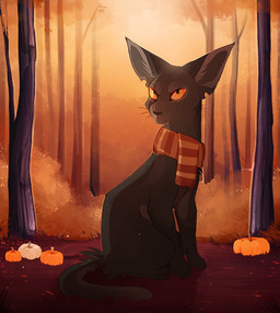 ambiguous_gender black_body black_fur black_nose day detailed_background feral forest fur orange_eyes outside paws plant scarf sitting solo tree maplespyder domestic_cat felid feline felis mammal 2015 digital_media_(artwork)