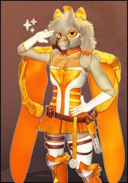 anthro arm_drapes armor belt_accessory clothed clothing crossdressing dangle_accessory dress femboy fishnet_undershirt floppy_ears fur gloves greaves grey_body grey_fur gun hair handgun handwear horn legwear male orange_clothing orange_dress orange_eyes orange_horn ranged_weapon revolver rsh-12 solo thigh_highs weapon white_clothing white_gloves white_handwear white_legwear white_thigh_highs conditional_dnp gusta gusta_(gusta) bovid caprine goat mammal hi_res