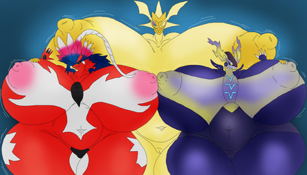 anthro areola belly big_belly big_breasts breasts female genitals glowing group hand_on_breast huge_belly huge_breasts hyper lucy_(omega-macro) navel nipples nude pink_areola red_body simple_background smile sofia_(omega-macro) teeth thick_thighs trio valeri_(omega-macro) vulva white_body wide_hips yellow_areola yellow_body omega-macro mythology nintendo pokemon ancient_pokemon apex_build_koraidon dragon future_pokemon generation_7_pokemon generation_9_pokemon koraidon legendary_pokemon miraidon mythological_creature mythological_scalie paradox_pokemon pokemon_(species) scalie ultimate_mode_miraidon ultra_necrozma 2024 digital_media_(artwork) hi_res