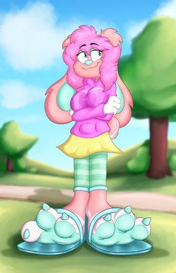 3_toes anthro bottomwear breast_squish breasts claw_polish claws clothing crossed_arms feet female foot_fetish foot_imprint footwear full_foot_pawpads fur glistening glistening_feet glistening_toes hair high_heels hoodie imprint legwear looking_aside multicolored_body multicolored_fur pawpads paws pink_hair shoes skirt smile solo squish standing teasing teasing_look teasing_with_feet toe_claws toes topwear two_tone_body two_tone_fur benjipaws ringo_pumila_(character) lagomorph mammal hi_res