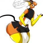 1:1 2017 annoyed anthro big_bulge big_butt bottomwear bulge butt clothed clothing crossdressing denizen1414 dialogue digital_media_(artwork) english_text fan_character femboy generation_1_pokemon gloves handwear hi_res huge_bulge huge_butt hyper hyper_bulge looking_back male mammal miniskirt nintendo pokemon pokemon_(species) raichu raijin_the_raichu simple_background skirt solo text thick_thighs white_background wide_hips