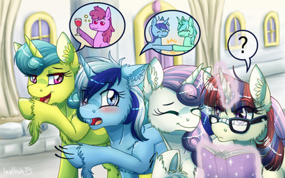 alcohol beverage blush book container cup drinking_glass drunk female feral food glass glass_container glass_cup group horn magic magic_user question_mark sparkles substance_intoxication wine wine_glass inuhoshi-to-darkpen friendship_is_magic hasbro my_little_pony mythology berry_punch_(mlp) lemon_hearts_(mlp) lyra_heartstrings_(mlp) minuette_(mlp) moondancer_(mlp) twinkleshine_(mlp) earth_pony equid equine horse mammal mythological_creature mythological_equine pony unicorn 2015
