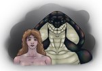 abstract_background anthro breasts duo eyebrows eyelashes female female_human green_eyes hair male male/female male_anthro muscular orange_hair scales size_difference snake_hood crazmax alexandra_(crazmax) herman_(crazmax) human mammal reptile scalie snake