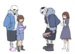 ambiguous_gender blue_eyes bodily_fluids bone brown_hair cleaver_(weapon) clothed clothing group hair knife male melee_weapon not_furry orts red_eyes simple_background skeleton smile standing sweat weapon white_background sh undertale undertale_(series) frisk_(undertale) sans_(undertale) animated_skeleton human humanoid mammal undead colored