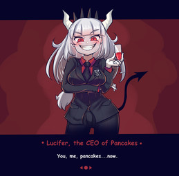 5_fingers accessory arm_under_breasts beverage big_breasts black_bars breasts business_suit clothing container cup dialogue drinking_glass female fingers glass glass_container glass_cup hair headband horn long_hair looking_at_viewer markings mole_(marking) necktie not_furry occult_symbol red_eyes sigil sigil_of_lucifer simple_background smile solo spade_tail standing suit symbol tail teeth text white_body white_hair white_horn white_skin wine_glass abineko helltaker lucifer_(helltaker) demon demon_humanoid humanoid english_text hi_res