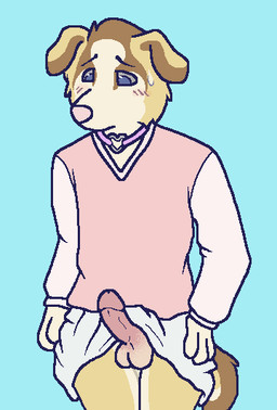 anthro balls blue_background blue_eyes blush bodily_fluids bottomwear brown_body brown_fur choker clothed clothing crossdressing dress erection erection_under_skirt eyebrows femboy floppy_ears fur genitals grey_sclera hand_on_hip humanoid_genitalia humanoid_penis jewelry male male_anthro necklace no_underwear penis pink_blush pink_clothing pink_dress pink_nose simple_background skirt snout solo standing sweat sweatdrop tail tan_body white_body white_fur yellow_body yellow_fur sebdoggo blue_(sebdoggo) bird_dog canid canine canis chow_chow domestic_dog golden_retriever hunting_dog mammal mixed_breed retriever spitz 2016 aliasing digital_drawing_(artwork) digital_media_(artwork) flat_colors half-length_portrait microsoft_paint_(artwork) portrait trans_(lore) trans_man_(lore)