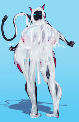 areola big_breasts biped bodily_fluids breasts cum cum_covered female for_a_head front_view genital_fluids glistening glistening_body grey_body huge_breasts lactating machine messy nipples shadow simple_background standing tail thick_thighs saidra humanoid object_head robot absurd_res hi_res