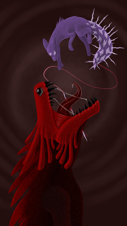 ambiguous_gender blood bodily_fluids duo feral fight fur melee_weapon polearm purple_body purple_fur scales spear spikes spines weapon torrentpath rain_world videocult spearmaster_(rain_world) lizard_(rain_world) red_lizard_(rain_world) slugcat 9:16 hi_res