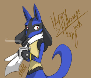 anthro blue_tail container cup female holding_container holding_cup holding_mug holding_object mug red_eyes scarf solo tail white_scarf yellow_ring fenfir happy_holidays nintendo pokemon generation_4_pokemon lucario pokemon_(species) 2009 tagme