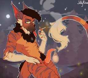 5_fingers animal_genitalia anthro brown_body brown_fur brown_hair chest_tuft cigarette cigarette_smoke claws condom fangs filled_condom fingers forest forest_background forked_tongue fur genital_slit genitals hair holding_cigarette holding_object long_ears long_tail looking_at_viewer male nature nature_background orange_body orange_fur penis pink_penis plant red_claws red_ears sexual_barrier_device sky smoke solo star starry_sky striped_body striped_fur stripes tail tail_tuft tan_body tan_fur tapering_penis teeth tongue tongue_out tree tuft wearing_condom yellow_eyes jolly_ruine rorsch_(vernid) vernid 2025 digital_media_(artwork) hi_res signature