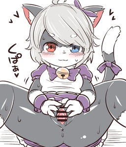 accessory anthro anus bell biped blush bodily_fluids bow_(feature) bow_accessory bow_ribbon bow_tie clothed clothing female furgonomics genitals hair hair_accessory hair_bow hair_ribbon heart_symbol heterochromia kemono loli looking_at_viewer maid_uniform reclining ribbons short_hair simple_background smile solo spread_legs spread_vulva spreading sweat tail tail_accessory tail_bow tail_ribbon uniform vulva young rantanatan domestic_cat felid feline felis mammal censored hi_res