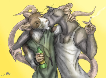 beverage black_eyes cigarette clothing duo ear_piercing ear_ring green_clothing green_shirt green_topwear jewelry kissing male male/male necklace piercing ring_piercing shirt soda tank_top topwear conditional_dnp whimsicalsquirrel chuck_(whimsicalsquirrel) nicky_(whimsicalsquirrel) mammal murid murine rat rodent