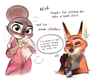 alcohol anthro beer beverage beverage_can brown_body brown_fur clothed clothing dialogue duo ears_as_hair female fingers fur grey_body grey_fur hair_bun_ears male motion_lines narrowed_eyes orange_body orange_fur shirt simple_background speech_bubble tan_body tan_fur tank_top text topwear towel white_background nibkman0304 disney zootopia judy_hopps nick_wilde canid canine european_rabbit fox lagomorph leporid mammal oryctolagus rabbit red_fox true_fox english_text hi_res