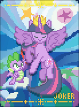 card crown duo female feral headgear horn joker_(playing_card) loose_feather male male/female mural playing_card quill wings alexia_tryfon jaye_(artist) balatro friendship_is_magic hasbro my_little_pony mythology spike_(mlp) twilight_sparkle_(mlp) dragon equid equine mammal mythological_creature mythological_equine mythological_scalie scalie winged_unicorn digital_media_(artwork) pixel_(artwork)