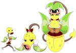 anthro bellsprout big_breasts black_eyes bottomwear bow_(feature) breasts brown_body clothing collar female generation_1_pokemon group hi_res leaf nintendo pokeball pokemon pokemon_(species) shirt simple_background skirt topwear trio uniform urusee584 victreebel weepinbell white_background yellow_body yellow_head