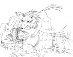 ambiguous_gender annoyed battle_wolf bite canid canine canis cloth digitigrade duo eyes_closed feral fur graphite_(artwork) human male mammal monochrome paws pencil_(artwork) quadruped scratch sleeping tail terry_cloth toriko toriko_(series) traditional_media_(artwork) unknown_artist wolf