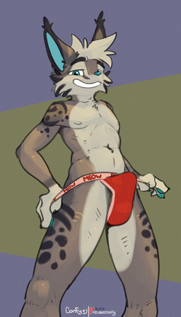 anthro blue_eyes blue_nose blue_pawpads bulge clothed clothing clothing_pull erection erection_under_jockstrap erection_under_underwear gloves_(marking) jockstrap looking_at_viewer male markings nipples pawpads red_clothing red_jockstrap red_underwear smile solo standing tenting tuft underwear underwear_only underwear_pull conditional_dnp cuteconfy felid feline lynx mammal hi_res