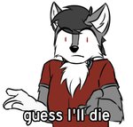 anthro black_hair black_nose clothed clothing fingers hair humor looking_at_viewer male red_eyes simple_background solo white_background mykegreywolf guess_i'll_die canid canine canis domestic_dog mammal meme reaction_image