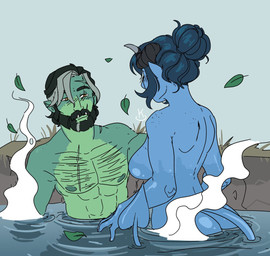 abs arm_hair bathing beard big_breasts black_hair blue_background blue_body blue_hair blue_skin blush body_hair breasts butt chest_hair convenient_censorship curved_horn duo eyebrows facial_hair fangs female freckled_breasts freckles grass green_body green_skin grey_hair grey_highlights hair highlights_(coloring) horn hot_spring humanoid_pointy_ears leaf long_tail male muscular muscular_male mustache narrowed_eyes nipples orange_eyes plant pointy_ears pupils rear_view scar side_boob simple_background slit_pupils spade_tail steam tail teeth thick_eyebrows water kanekuo critical_role fjord_stone jester_lavorre humanoid orc tiefling