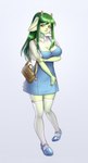 anthro antlers bag_accessory bag_charm breasts clothed clothing dress female footwear fur garter_straps green_body green_fur green_hair hair handbag horn keychain legwear looking_at_viewer smile solo stockings neonway kirby_(series) nintendo kirby deer mammal hi_res