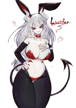 anthro breasts clothed clothing fake_ears female fur hair horn looking_at_viewer red_eyes simple_background smile solo tail white_body white_fur white_hair togetoge helltaker lucifer_(helltaker) demon demon_humanoid horned_humanoid humanoid hi_res