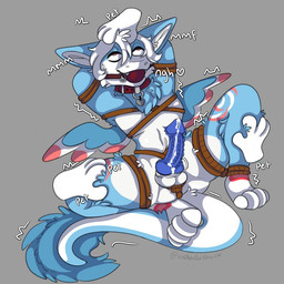 anthro arms_tied ball_gag bdsm blue_body blue_fur bodily_fluids bondage bound collar cum cum_drip disembodied_hand dripping feet_tied fur gag genital_fluids genitals hair hands_behind_head headpat knot knotted_penis male neck_tuft paws penis petting restraints ribbed_penis rope rope_bondage shaking shivering simple_background solo spiked_penis spikes spikes_(anatomy) tail tail_tuft text tuft white_body white_hair wings violadashark mythology sgtdoc dragon dutch_angel_dragon furred_dragon furred_scalie mythological_creature mythological_scalie scalie 1:1