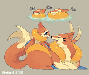 2_tails ambiguous_gender blue_eyes duo evolutionary_family eyes_closed fangs feral fur lying markings multi_tail on_front open_mouth orange_body orange_fur simple_background size_difference tail teeth tongue water whisker_markings batten12 nintendo pokemon buizel floatzel generation_4_pokemon pokemon_(species) 2026 hi_res signature