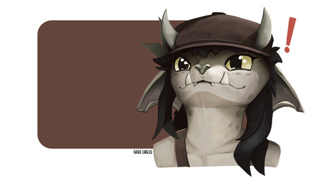 big_eyes black_hair blep clothing ears_down exclamation_point fangs female forked_tongue hair hat headgear headwear horn long_ears long_hair pivoted_ears simple_background smile solo surprised suspenders teeth text tongue tongue_out yellow_eyes basic_eagles_(artist) deadlock_(game) valve ivy_(deadlock) gargoyle humanoid 16:9 bust_portrait english_text hi_res portrait widescreen