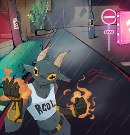 anthro belt belt_buckle bottomwear buckle building chain-link_fence city clothing crop_top denim denim_bottomwear denim_clothing detailed_background directional_arrow elemental_manipulation eyebrows female fence fire fire_manipulation fur gloves grey_body grey_fur handwear horn jeans looking_at_viewer navel neon_sign outside pants plant pole poster raining road_sign shirt shrub sidewalk sign solo street text text_on_clothing text_on_shirt text_on_topwear topwear urban utility_pole wall_(structure) wanted_poster window x_pupils yellow_eyes notconfleis coffee_stain_studios epic_games fortnite goat_simulator mortal_kombat pilgor_(goat_simulator) bovid caprine goat mammal 2025 hi_res spanish_description