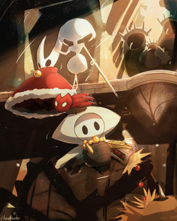 2_horns ambiguous_gender anthro beak black_eyes cloak clothed clothing cogfly detailed_background empty_eyes floating group holding_melee_weapon holding_object holding_ranged_weapon holding_weapon horn melee_weapon ranged_weapon red_cloak red_clothing text weapon white_body cloudbuster hollow_knight:_silksong hollow_knight_(franchise) team_cherry hornet_(hollow_knight) lace_(hollow_knight:_silksong) sherma_(hollow_knight:_silksong) arachnid arthropod spider 2026 4:5 english_text hi_res signature