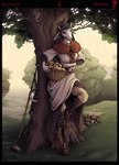 5_fingers anthro breasts clothed clothing day detailed_background ear_piercing ear_ring female fingers forest grass hooves outside piercing plant ring_piercing smile solo tree sunkenshrines bovid caprine goat mammal 2022 digital_media_(artwork) hi_res