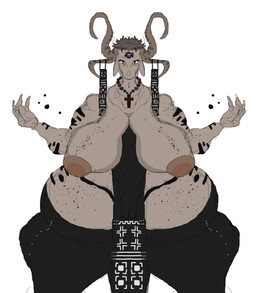 4_horns accessory anthro areola big_areola big_breasts big_butt biped breasts brown_eyes butt christian_symbol claws clothed clothing cross curvy_figure female furgonomics gem genitals grey_body hair horn horn_accessory huge_breasts huge_butt huge_hips jewelry looking_at_viewer magic magic_user markings multi_horn necklace nipples partially_clothed religion religious_symbol sagging_breasts simple_background solo thick_thighs topwear vulva wide_hips tacofoxbrazil christianity angel bovid caprine goat mammal digital_media_(artwork) hi_res