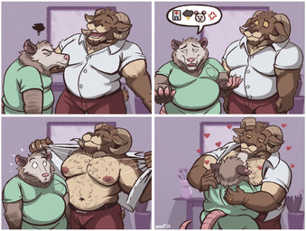 4_panel_comic 5_fingers after_work anthro big_muscles big_pecs body_hair bottomwear brown_body brown_fur chest_hair closed_smile clothed clothing digit_ring duo emoji fingers fur grey_body grey_fur grumpy heart_symbol horizontal_pupils hug husband_and_husband inside interspecies interspecies_romance jewelry love male male/male married_couple mouth_closed muscular muscular_anthro muscular_male navel nipples open_clothing open_mouth open_shirt open_smile open_topwear pants pec_smothering pecs pupils red_bottomwear red_clothing red_pants ring romantic romantic_couple scrubs shirt size_difference slightly_chubby slightly_chubby_anthro slightly_chubby_male smile smothering speech_bubble tail tan_body tan_fur teeth topwear wedding_ring white_body white_clothing white_fur white_shirt white_topwear nanoff diego_(nanoff) manuel_(nanoff) american_opossum bighorn_sheep bovid caprine mammal marsupial sheep 2025 comic hi_res
