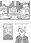 absurd_res anthro black_and_white building canid canine city cityscape clothed clothing comic ear_piercing english_text fox hi_res kif_yppreah kifyun2 male mammal monochrome piercing plant simple_background solo text tree