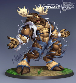 anthro antlers black_sclera blue_eyes clothing digitigrade facial_hair fangs hand_pawpads hooves horn humanoid_hands male muscular muscular_anthro muscular_male mustache solo teeth torn_clothing agonwolfe diffuse_moose deer mammal moose new_world_deer therianthrope hi_res