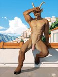 2022 3:4 abs antelope anthro armpit_hair athletic balls body_hair bovid casual_nudity city cloud cloven_hooves countershading detailed_background digital_media_(artwork) flaccid foreskin genitals hi_res hooves horn humanoid_genitalia humanoid_penis jaykat male mammal muscular muscular_male navel nipples nude outdoor_nudity outside penis shaded solo unguligrade