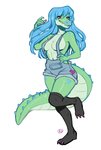 3_toes 5_fingers anthro blue_hair breasts claws clothed clothing feet female fingers footwear hair legwear markings non-mammal_breasts plantigrade purple_eyes skimpy socks solo spots spotted_markings suspenders thigh_highs toes kaitycuddle lella_(uk-brony) alligator alligatorid crocodilian reptile scalie 2020 digital_media_(artwork)