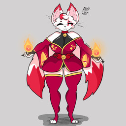 2_tails :3 absolute_territory anthro bare_shoulders bell big_breasts breasts clothing elemental_manipulation eyes_closed female fire fire_manipulation fur grey_background legwear multi_tail red_clothing red_legwear simple_background smile solo standing tail thick_thighs white_body white_fur wide_hips salchikokokoko canid canine fox mammal 1:1 hi_res