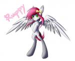 bow_(feature) bow_tie cutie_mark feathered_wings feathers featureless_crotch female feral green_eyes hair hooves pink_hair simple_background smile solo standing text white_background wings queenbloodysky hasbro my_little_pony mythology fan_character equid equine mammal mythological_creature mythological_equine pegasus hi_res