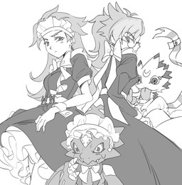 anthro claws clothed clothing crossdressing crossdressing_male embarrassed eyewear glasses group maid_headdress maid_uniform male tongue tongue_out uniform wings dokk_q bandai_namco digimon digimon_beatbreak raito_souda tomoro_tenma digimon_(species) gekkomon human mammal monodramon scalie hi_res monochrome