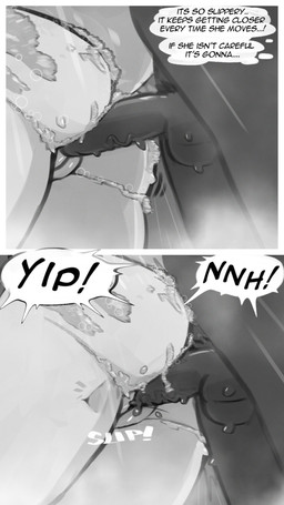 anthro balls black_body butt dialogue duo erection female genitals low-angle_view male male/female moan onomatopoeia penetration penis rear_view sex shower shower_sex sound_effects suds text thought_bubble unwanted_erection vaginal vaginal_penetration vein veiny_penis vulva white_body peppertoasty blanca_(nicky_illust) snyder_(sketchytoasty) canid canine canis mammal procyonid raccoon wolf 9:16 comic english_text hi_res