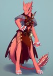 4_toes anthro barefoot claws clothed clothing digitigrade feet female looking_at_viewer simple_background smile solo toes unousaya capcom monster_hunter fanged_wyvern odogaron hi_res