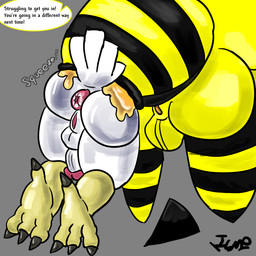 abdomen_vore anthro anus arthropod_abdomen backsack balls duo feathers feet food footless genitals head_first herm herm/herm honey_(food) intersex intersex/intersex penis squeeze_(sound_effect) stinger tail tail_feathers talons text tight_fit toes unusual_vore vore vulva ishitmypants charlotte_(ishitmypants) vene_(ishitmypants) arthropod avian bee bird chicken galliform hymenopteran insect phasianid 1:1 english_text