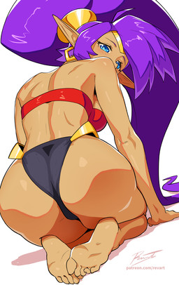 back_groove blue_eyes breasts butt clothing eyebrows eyelashes feet female hair humanoid_pointy_ears kneeling looking_back not_furry panties piercing pointy_ears ponytail purple_hair ring_piercing side_boob solo underwear revenant_(artist) shantae_(series) wayforward shantae genie humanoid 2026