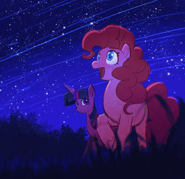 blue_eyes blush duo female feral grass horn night open_mouth plant purple_eyes sky smile star starry_sky tree 314pt friendship_is_magic hasbro my_little_pony mythology pinkie_pie_(mlp) twilight_sparkle_(mlp) earth_pony equid equine horse mammal mythological_creature mythological_equine pony unicorn hi_res