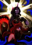 abstract_background blue_eyes clothing feathered_wings feathers female feral fool's_hat group hat headgear headwear horn melee_weapon sickle_sword sword sword_in_mouth text weapon wings zolombo darkest_dungeon friendship_is_magic hasbro my_little_pony mythology fluttershy_(mlp) jester_(darkest_dungeon) pinkie_pie_(mlp) twilight_sparkle_(mlp) vestal_(darkest_dungeon) earth_pony equid equine horse mammal mythological_creature mythological_equine pony winged_unicorn 2016 hi_res url